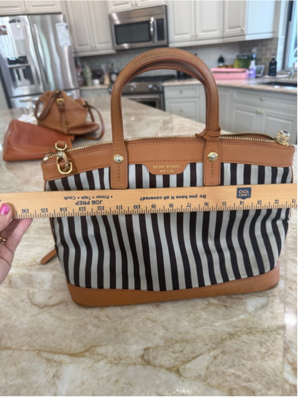 Henri Bendel Satchel with crossbody strap Brown & White Striped - Picture 15 of 15